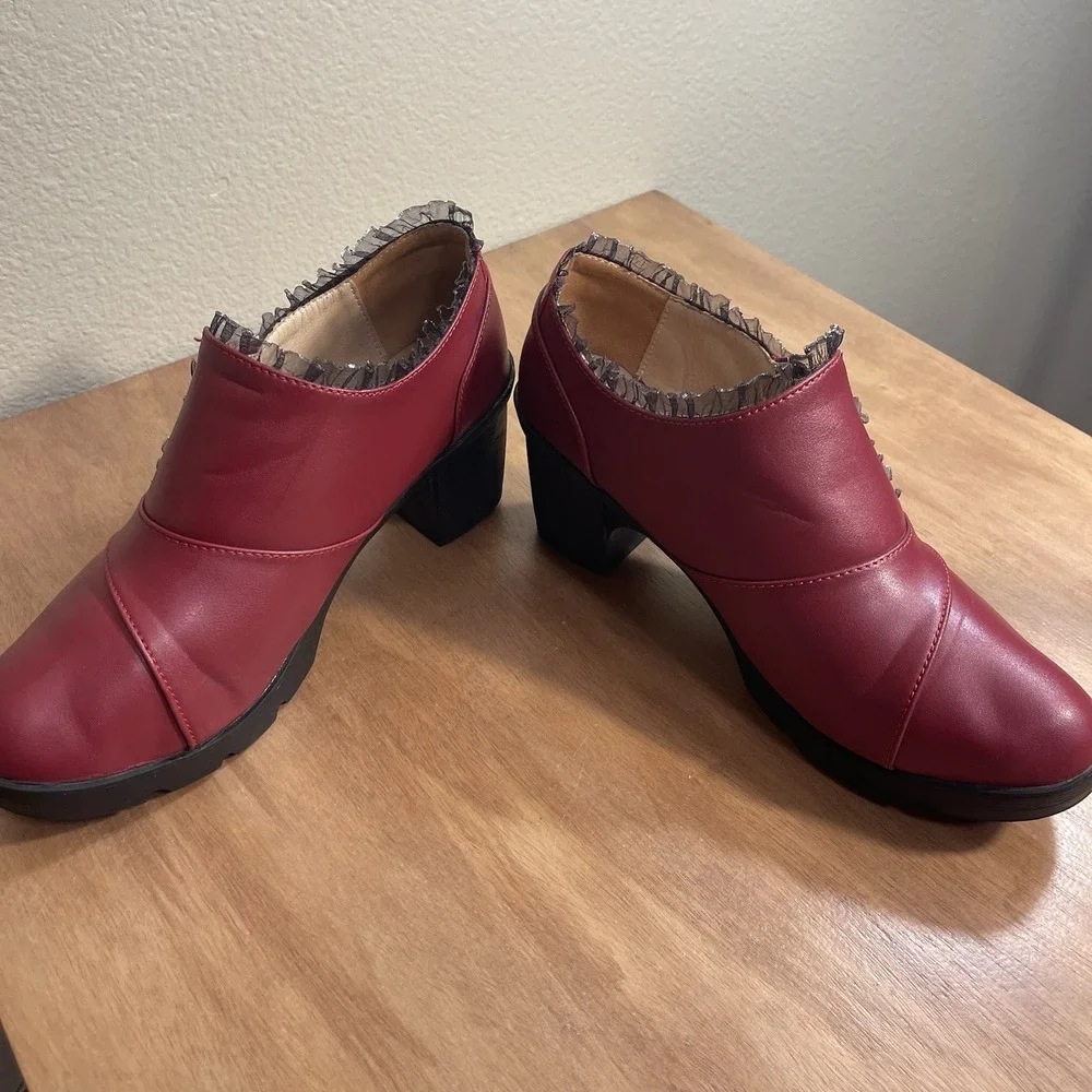 Dadawen Lace Trim Chunky Platform Shoes Faux Leather Burgundy Office Goth 11.5